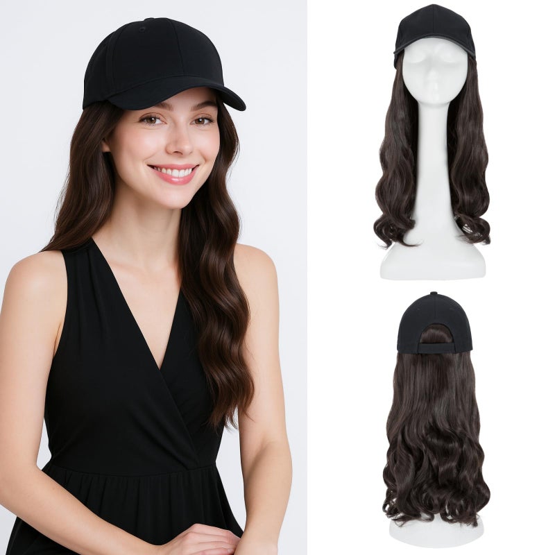 SEGO Hat Wig, Hat with Hair Attached for Women Black Baseball Cap with Hair Extensions, Long Wavy Baseball Cap Wig Adjustable Hats for Daily Party 16 Inch #4A Black Brown - Image 1